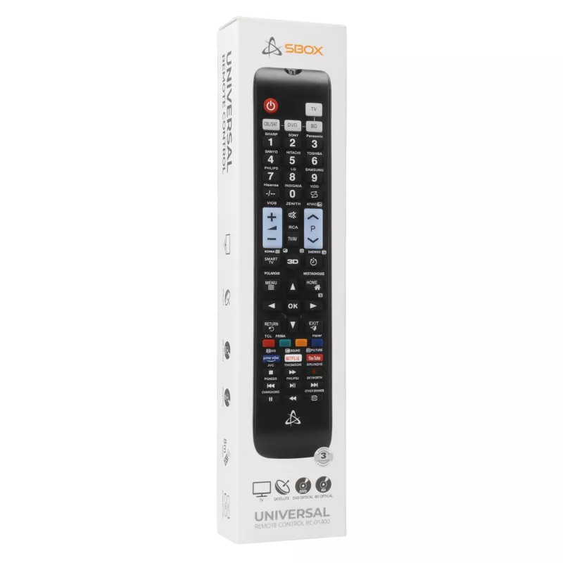 Diaľkový ovládač SBOX RC-01400 – univerzálna náhrada pre televízory, set-top boxy a DVD prehrávače