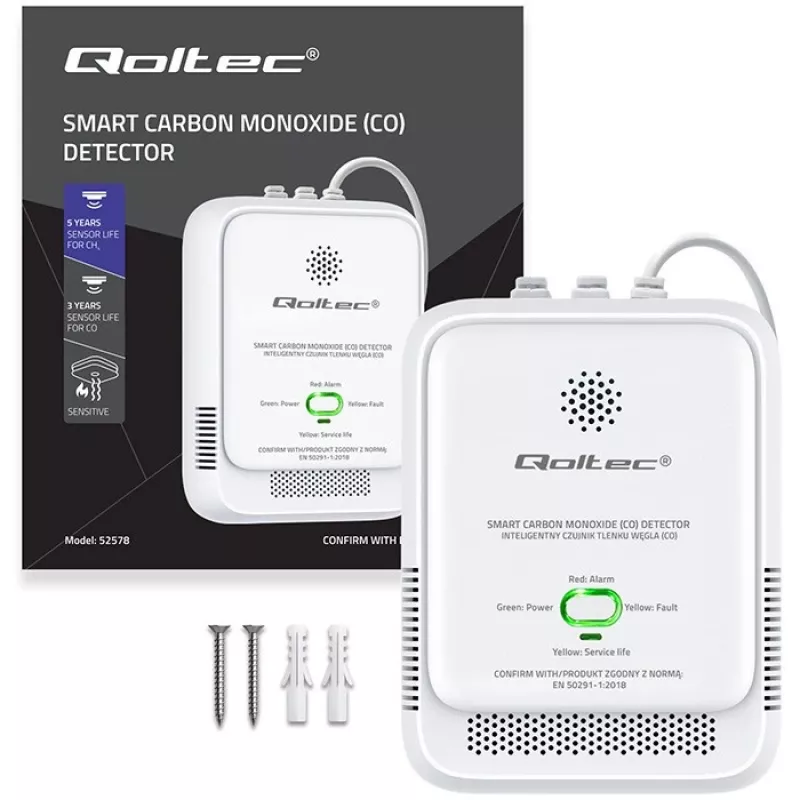 CO detektor QOLTEC 52576 – senzor oxidu uhoľnatého, 85 dB alarm