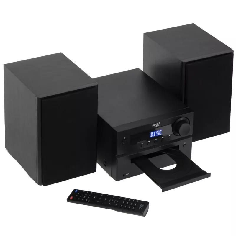 Mini Hi‑Fi stereo systém Adler AD 1917 — Bluetooth V5.3, CD/USB/MP3, 2×25 W RMS, FM tuner, 4‑pásmový ekvalizér, AUX, čierny