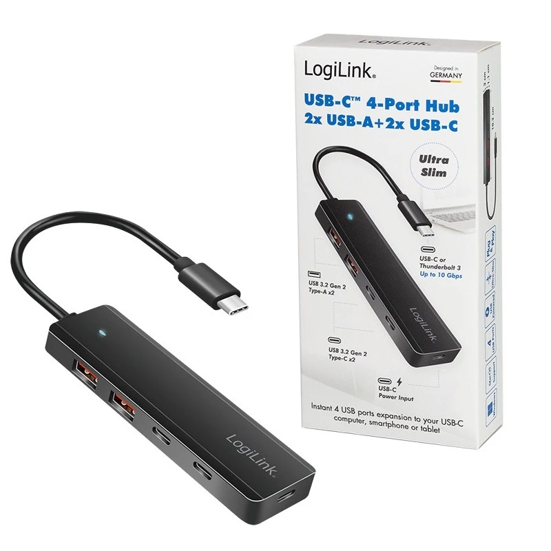 Hub USB-C, 4 porty 2x USB-A, 2x USB-C, čierny