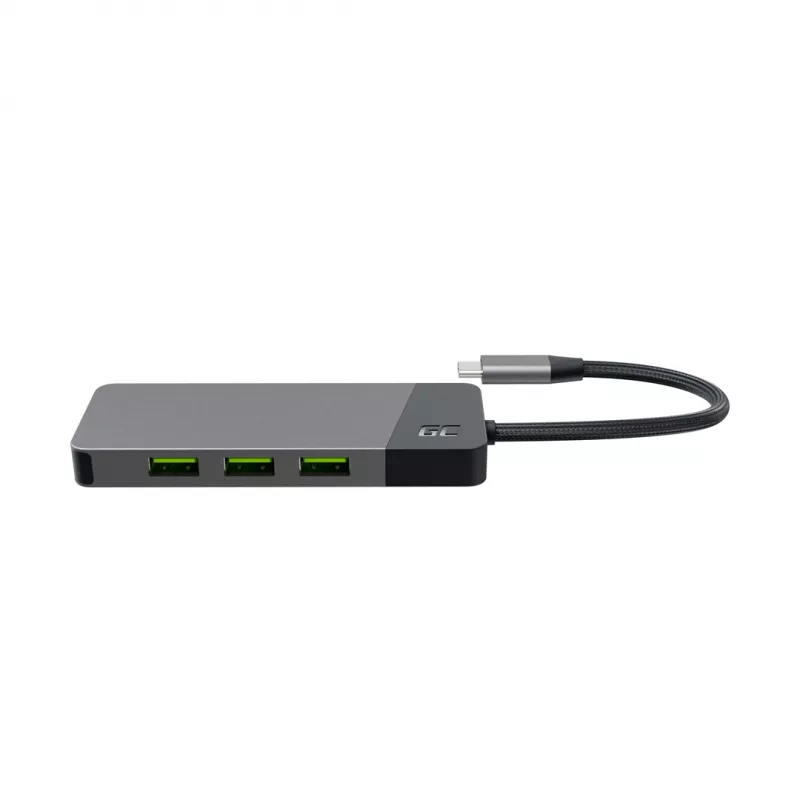 USB‑Type‑C hub Green Cell HUBGC01 — 7 portov: 3×USB‑A 3.2 Gen 1, 1×USB‑C 3.2 Gen 1, HDMI, microSD+SD čítačka kariet — strieborný