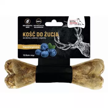 Žuvacia kosť SYTA MICHA jeleňa koža a bobule 13,5 cm — zubná maškrta, príchuť jeleňa, bez lepku a konzervačných látok