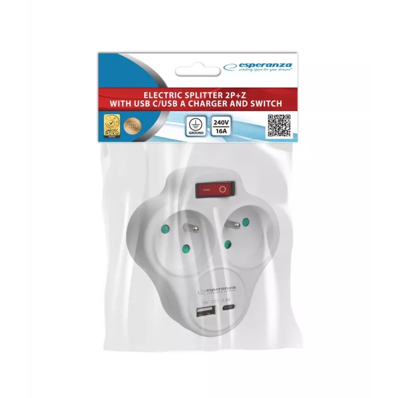 Esperanza ELK311W elektrický rozbočovač 2 GN. USB-C USB-A VST. biely