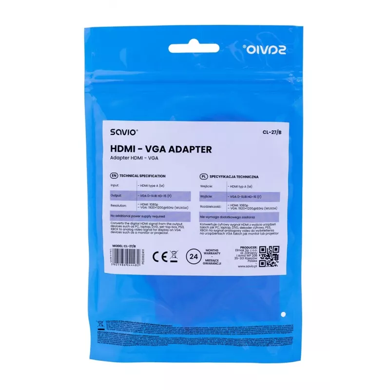 Savio CL-27B videokáblový adaptér 0,1 m HDMI Type-A (štandard) VGA (D-Sub) biely