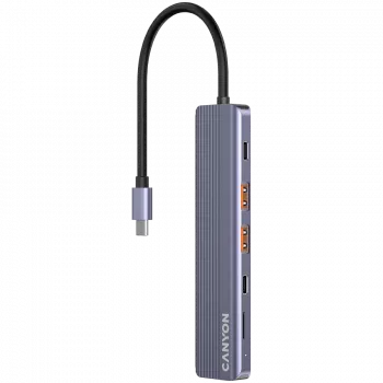 USB Type-C hub CANYON DS-17 — HDMI, USB 3.2 Gen 1 A, USB-C, MicroSD, 10000 Mbit/s, sivý