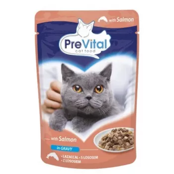 PREVITAL mokré krmivo pre mačky losos v omáčke 100 g vrecko — dospelé, 9 % bielkovín, 5 % tuku, 82 % vlhkosti