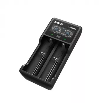 Nabíjačka batérií XTAR VC2SL — USB 5V 1A, LCD, nabíja 2 články, kompatibilná Li-Ion/NiMH/NiCd, veľkosti A/AA/AAA/AAAA/C/D/SC, čierna