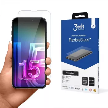 Tvrdený flexibilný ochranný prvok displeja 3MK FlexibleGlass Pro pre Apple iPhone 15 – číry, odolný proti poškriabaniu