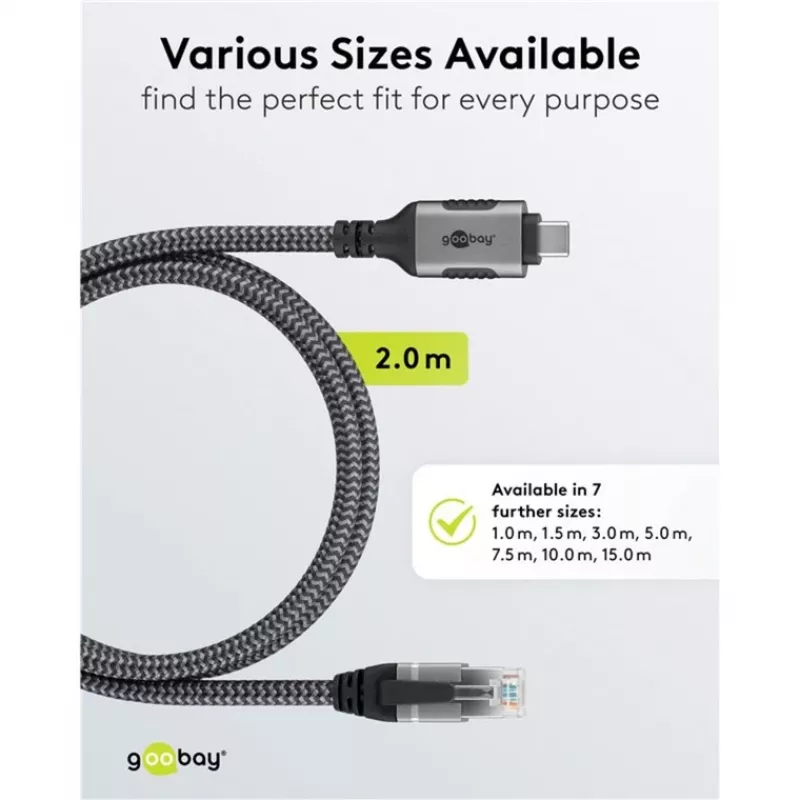 Ethernetový kábel USB-C 3.2 Gen2 konektor samec > RJ-45 konektor samec, LAN adaptér čierny/strieborný, 2 metre, pletený textilný plášť