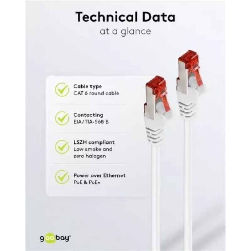 Wentronic Goobay CAT 6 patch kábel, S/FTP (PiMF), biely, 3 m – LSZH bez halogénov, meď (93507)