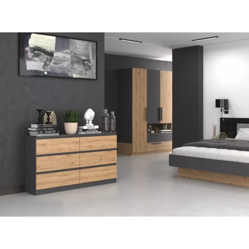 Komoda Top e Shop M6 140 ANT/ART, 6 zásuviek, antracit dub, 1380×750×400 mm
