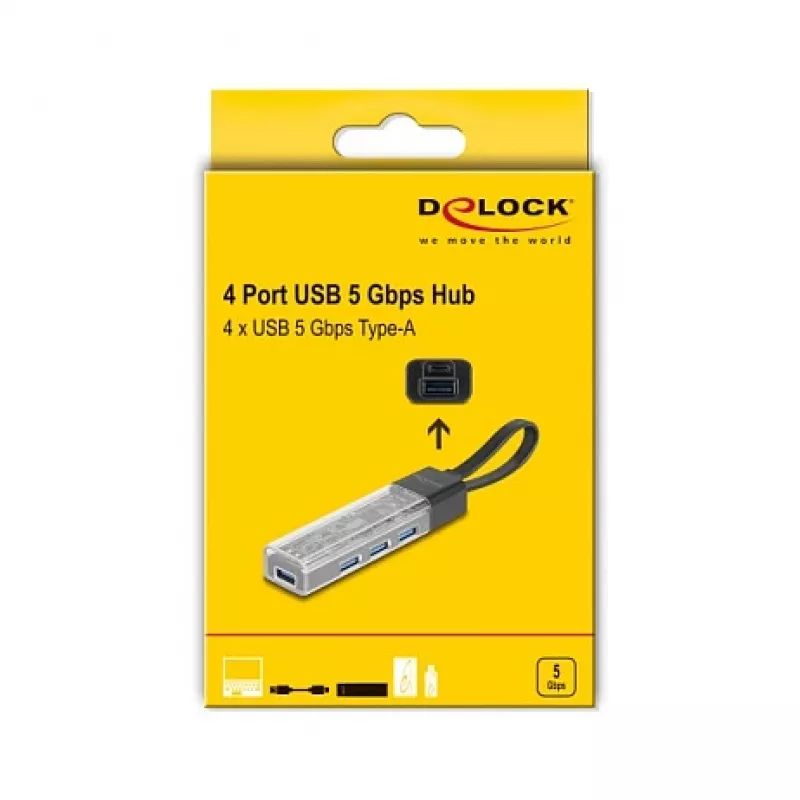 DELOCK USB 3.2 Gen 1 (3.1 Gen 1) 4-portový hub s Type-A + Type-C host (5000 Mbit/s) čierna/transparentná