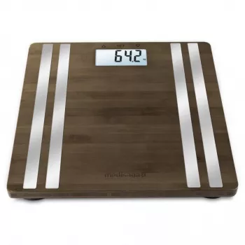 Elektronická osobná váha Medisana BS 552 — strieborná s bambusovým povrchom, max. 180 kg, presnosť 100 g, Bluetooth, BMI, zloženie tela