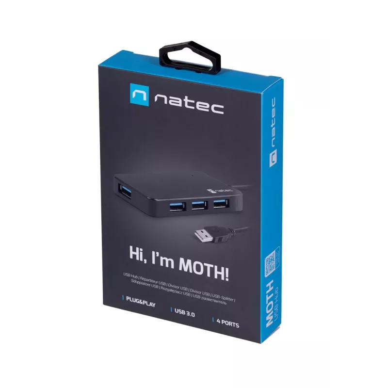 USB hub NATEC Moth 4-port USB 3.2 Gen 1 Type-A (5000 Mbit/s), USB napájaný, čierny, 0,15 m kábel