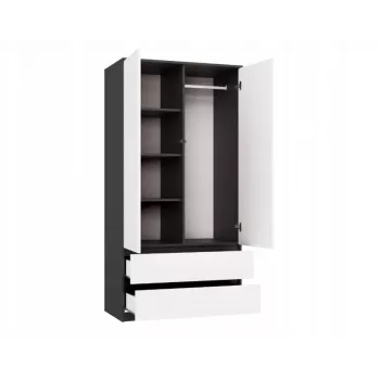 Šatníková skriňa top e shop MALWA SS-90, 90×180×50 cm, antracitový rám, biele otočné dvere, 2 zásuvky, laminát 16 mm