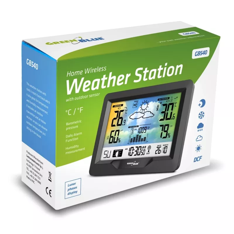 Hygrometer teplomer GreenBlue GB540 — interiérový 0–50°C / exteriérový -20–65°C, DCF hodiny, vonkajší senzor 60 m, čierny