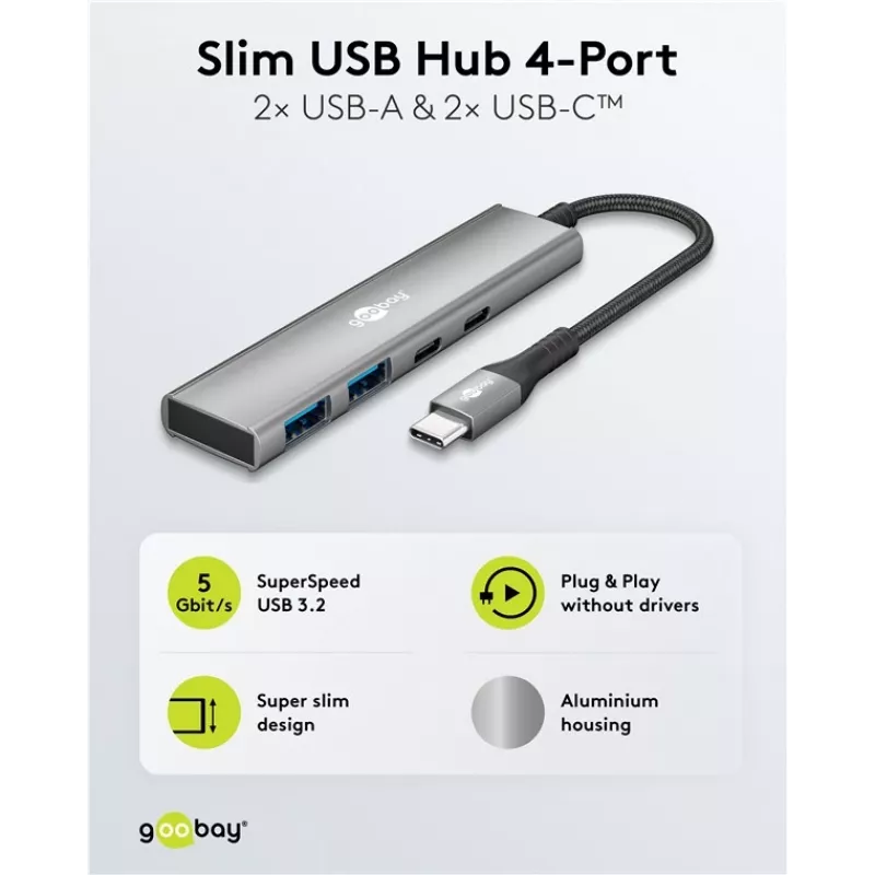 Goobay Slim 4-port USB hub USB-C na/USB-A 5 Gbit/s - Plug USB 3.2 (76563)