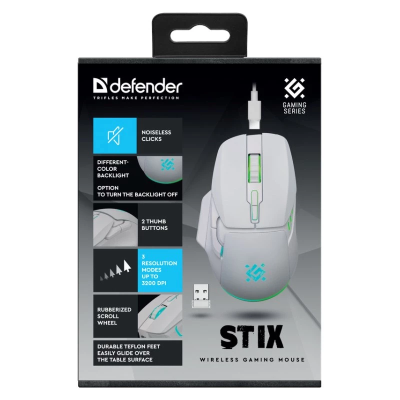Bezdrôtová myš DEFENDER Stix GM-009 RF — optická 3200 DPI, 6 tlačidiel, obojručná, USB RF, na batérie, biela