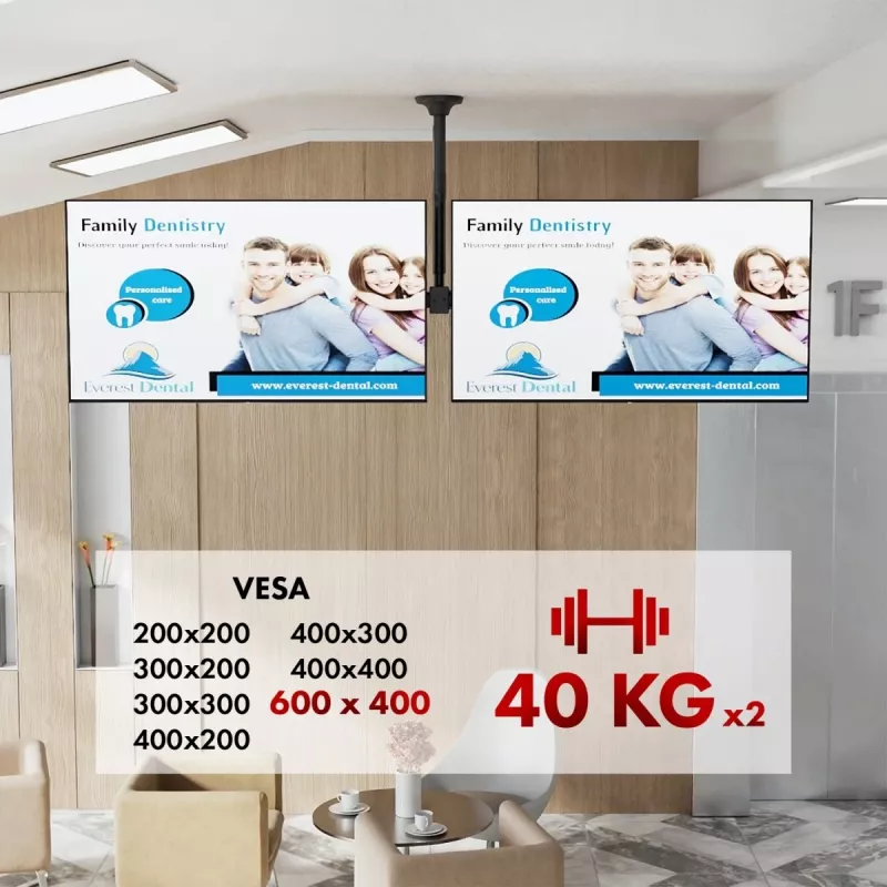 Stropný držiak MACLEAN MC-111 B pre dva televízory, max. zaťaženie 2×40 kg, max. VESA 600×400