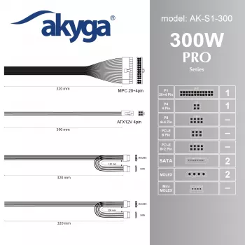 Akyga AK-S1-300 300 W SFX napájací zdroj, pasívne PFC, 80 mm ventilátor, čierna