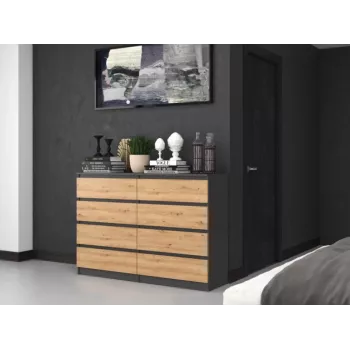 Komoda Top e shop M8 140 ANT/ART — 8 zásuviek, antracit/dub, 1380×400×970 mm, drevotrieska