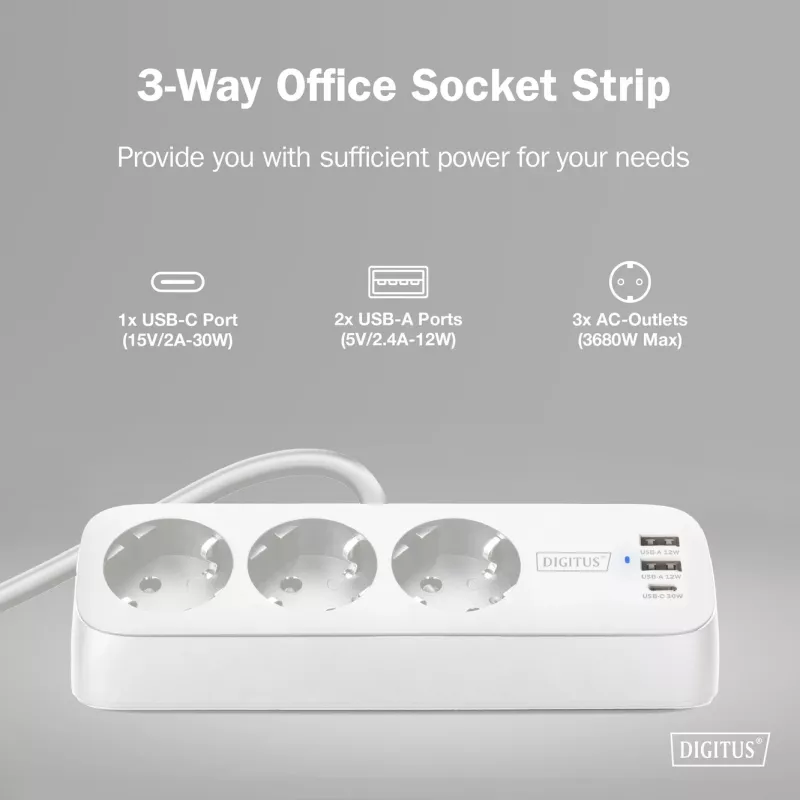 Predlžovacia zásuvka DIGITUS 3-násobná s 2×USB-A a 1×USB-C, 3 AC zásuvky typ E/F, 1,5 m kábel, biela
