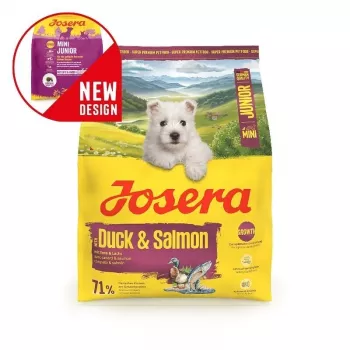 Suché krmivo pre psov JOSERA Mini Junior Duck & Salmon 900 g — pre šteniatka malých plemien, proteín 29%, tuk 18%