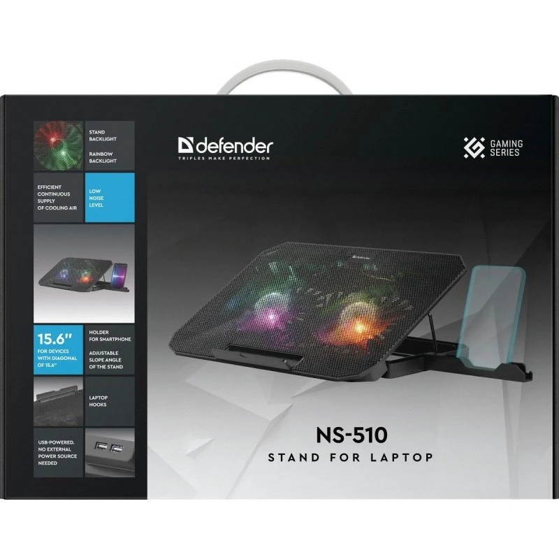 Chladiaci podložka pod notebook DEFENDER NS-510 s 2 ventilátormi, 2×USB portami a RGB osvetlením