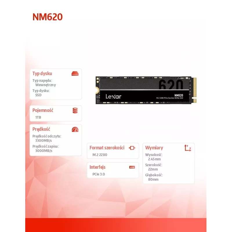 SSD disk Lexar NM620 1 TB NVMe M.2 2280, 3300/3000 MB/s