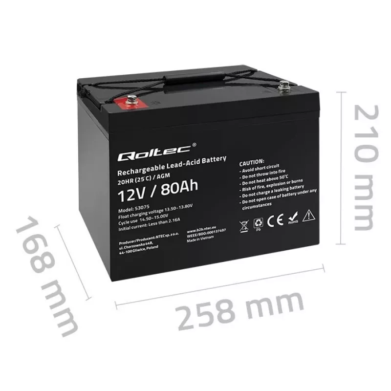 Qoltec Akumulátor AGM | 12V | 80Ah | 23,5kg | Bezúdržbový | Výkonný | LongLife | pre UPS, karavan, loď, pec