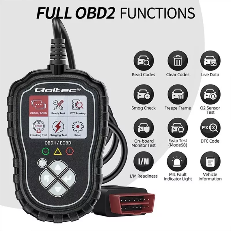 OBDII diagnostický tester QOLTEC ProLine 50685 — automobilový OBD-II skener pre 8V/25V systémy