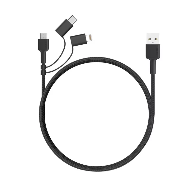 AUKEY CB-BAL5 opletený kábel 3 v 1, Micro USB / USB-C / Lightning, 1,2 m, čierny
