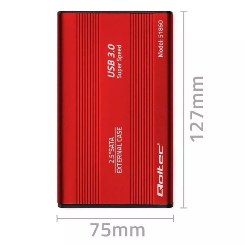 Puzdro na HDD/SSD QOLTEC 51860 pre 2,5-palcové SATA-III disky, USB Type-A, 5 Gbit/s, hliník, červená