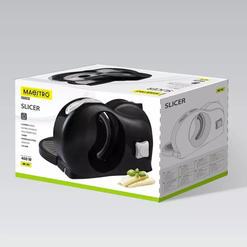Krájač potravín Maestro MR-591 — elektrický kuchynský krájač, model MR-591, čierny