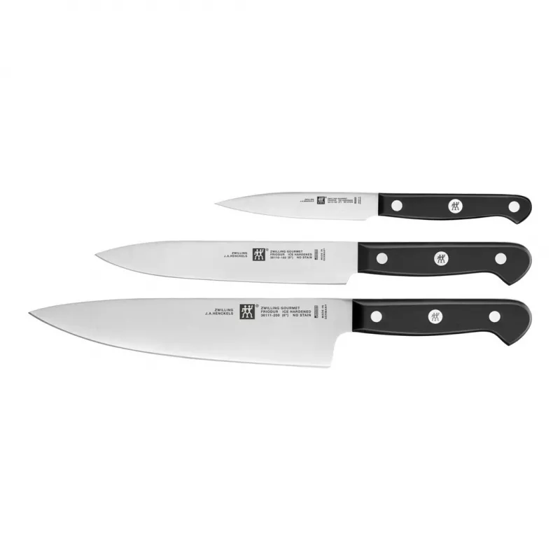 Sada nožov ZWILLING Gourmet 3 ks — kované oceľové čepele 10/16/20 cm, čierne plastové rukoväte, vhodné do umývačky