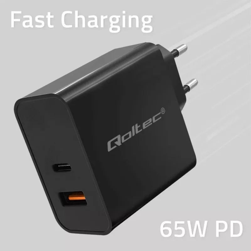 Qoltec 52380 Super Quick PD nabíjačka | 1xUSB-C | 1xUSB | 65W | 5-20V | 1,5-3,25A | čierna