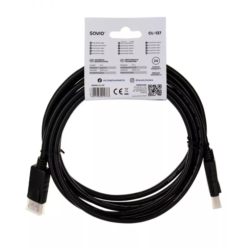 Savio CL-137 DisplayPort kábel 3 m čierny