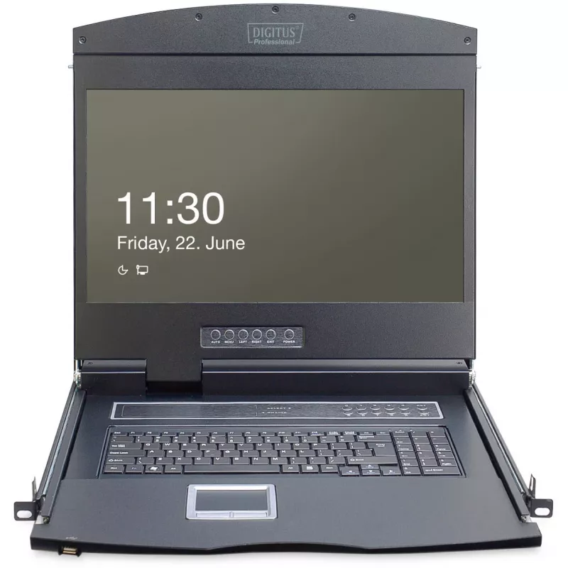 19 palcová LCD KVM konzola DIGITUS DS-72211-5US, 16-port Cat 5, 1366x768, US International klávesnica