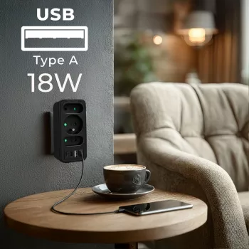 Rozbočovač napájania MACLEAN MCE248 F/B — 3 AC zásuvky (1x16A, 2x6A) a 4 USB porty (2xUSB‑A, 2xUSB‑C PD 20W), EU konektor, čierny