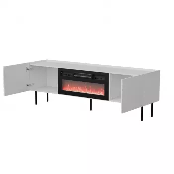 TV skrinka cama meble LUCCA 180x40x59 cm, biela vrchná doska a rám, čierny elektrický krb
