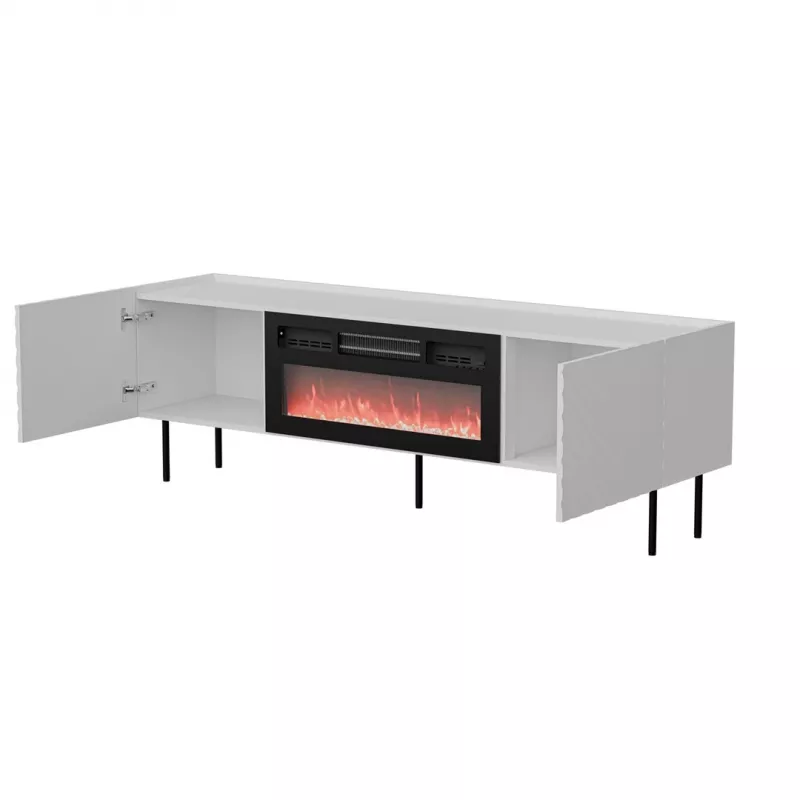 TV skrinka cama meble LUCCA 180x40x59 cm, biela vrchná doska a rám, čierny elektrický krb