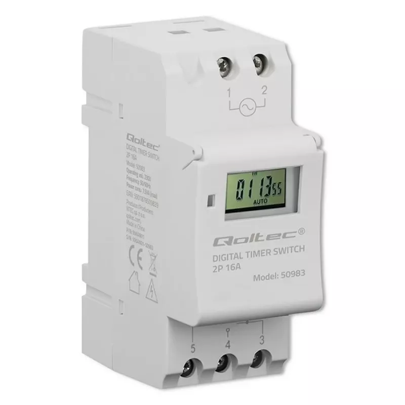 Elektronický časový spínač na DIN lištu QOLTEC 50983, na batérie, pre automatizačné obvody