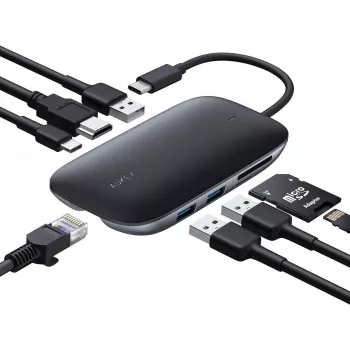 Dokovacia stanica pre notebook AUKEY CB-C71 — 3x USB‑C (USB 3.2 Gen1), HDMI, RJ‑45, MicroSD, USB PD 100 W, 0,15 m kábel, čierna