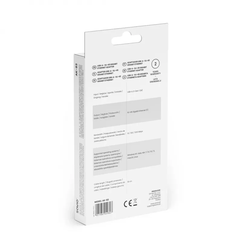 Sieťový adaptér SAVIO AK-83 USB Type-A na RJ-45 konektor samec, 5 Gbit/s, čierny