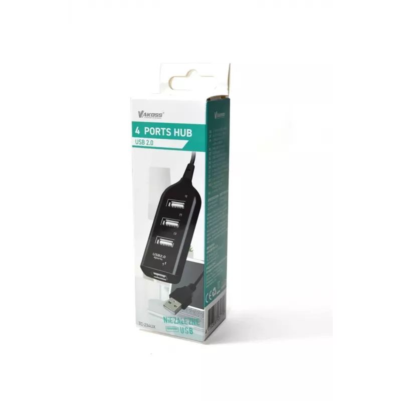 VAKOSS USB hub TC-234UX — 4-portový USB 2.0 hub, DC napájanie (5 V, 1 A), čierny