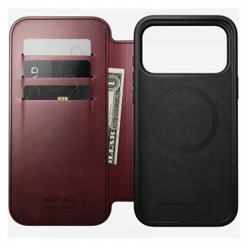 Puzdro na telefón Nomad Modern Leather Folio pre iPhone 17 Pro Max — koža, TPU, PC, hliník, bordová, 16 cm (6,3 palcov)