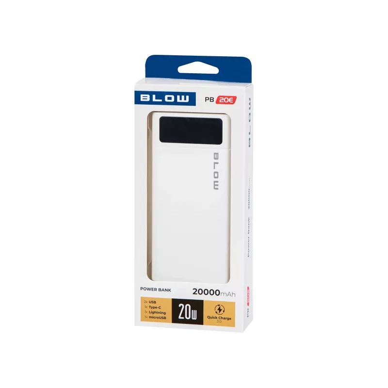Prenosná powerbanka BLOW PB20E 20000mAh QC+PD 20W s USB-C, 2× USB-A, Lightning vstup, polymérová batéria