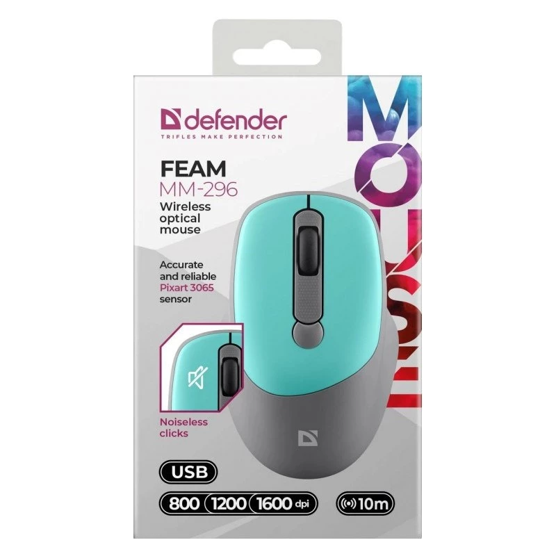Defender Feam MM-296 52294 bezdrôtová myš, tichý klik, optická, 1600 DPI, USB, mätová