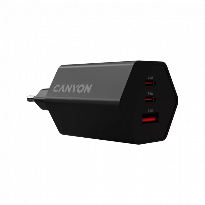 CANYON nabíjačka HEXAGON 65 GaN 65W 2xPD 1xQC EU čierna (CND-CHAHEX65B)