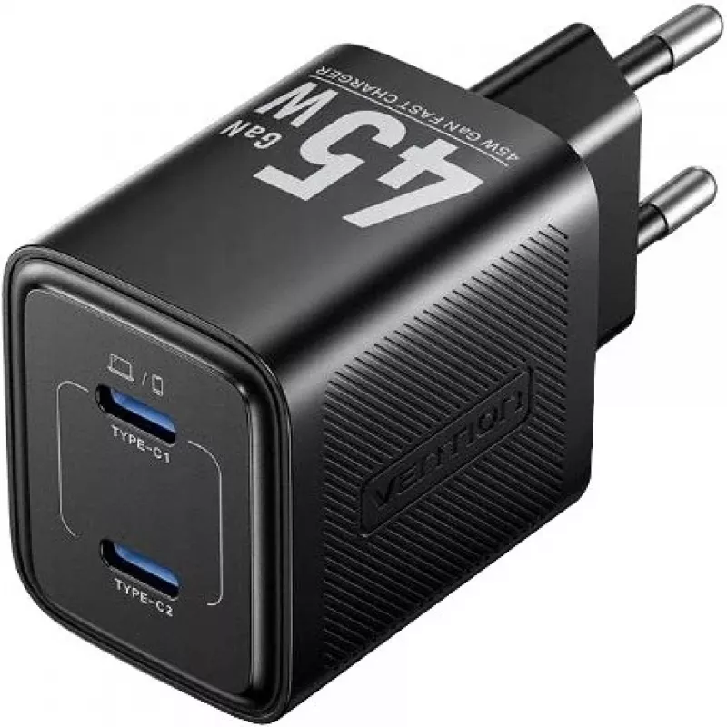 Vention FEFB0-EU 45W interiérová AC rýchlonabíjačka 2× USB-C — pre smartfón, notebook, tablet, smart hodinky, slúchadlá (čierna)
